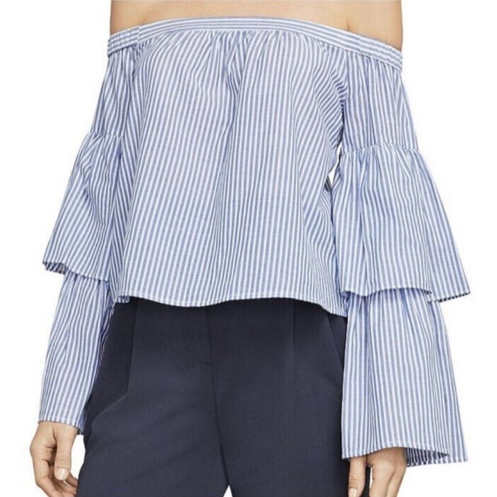 BCBGMAXAZRIA Off The Shoulder Ruffle Tiered Sleeve Blue White Stripe Coastal Top